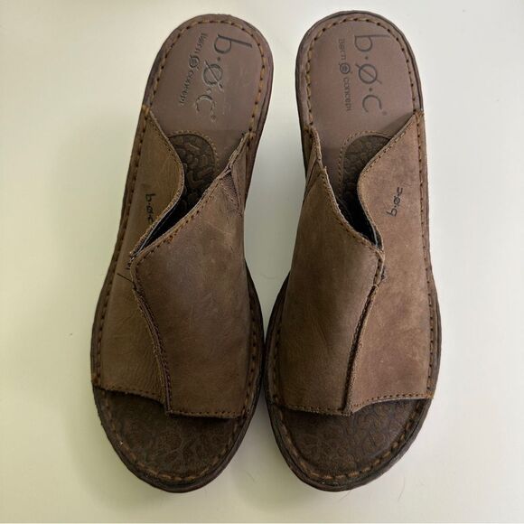 B.O.C. Brown Leather Slip-on Heels Shoes Open Toe - Picture 5 of 8